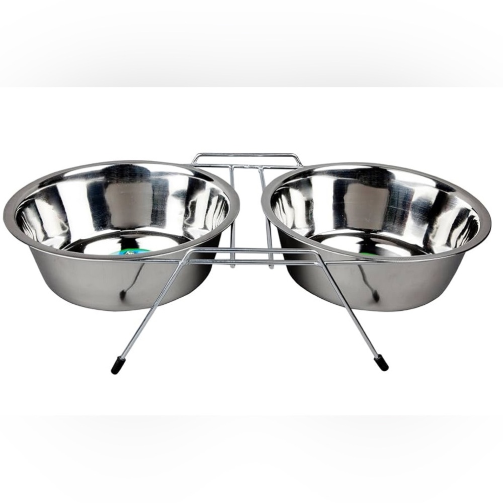 New Double Feeder Small Pet Food & Water Bowl With Stand stainless 1/2 pint